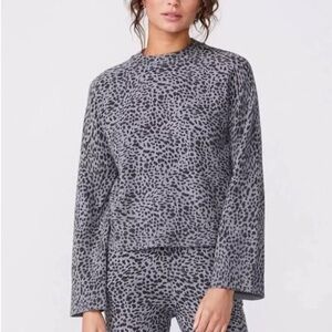 MONROW M Black Gray Leopard Mock Neck Long Sleeve Cotton Cashmere Sweater